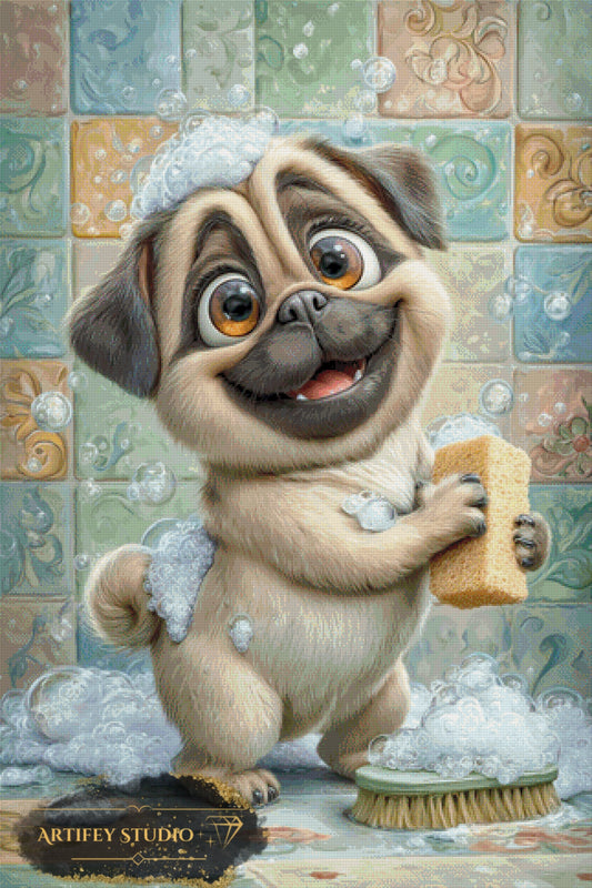 Bubble bath with pug by Salzkatze 80x120 with 180 colors